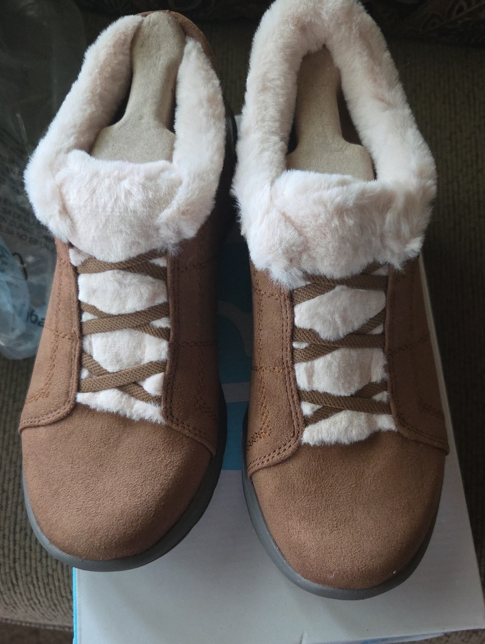 Bzees Brown Faux-Suede Fur-Lined Lace-Up Booties, Size 9W
